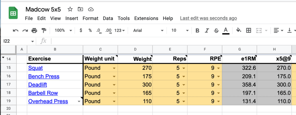 Estimate your five rep max with the Madcow 5x5 spreadsheet.