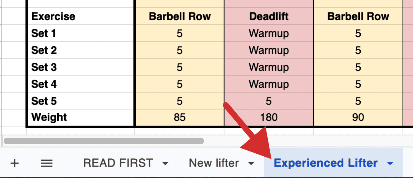 Stronglifts 5x5 workout spreadsheet for experienced lifters.