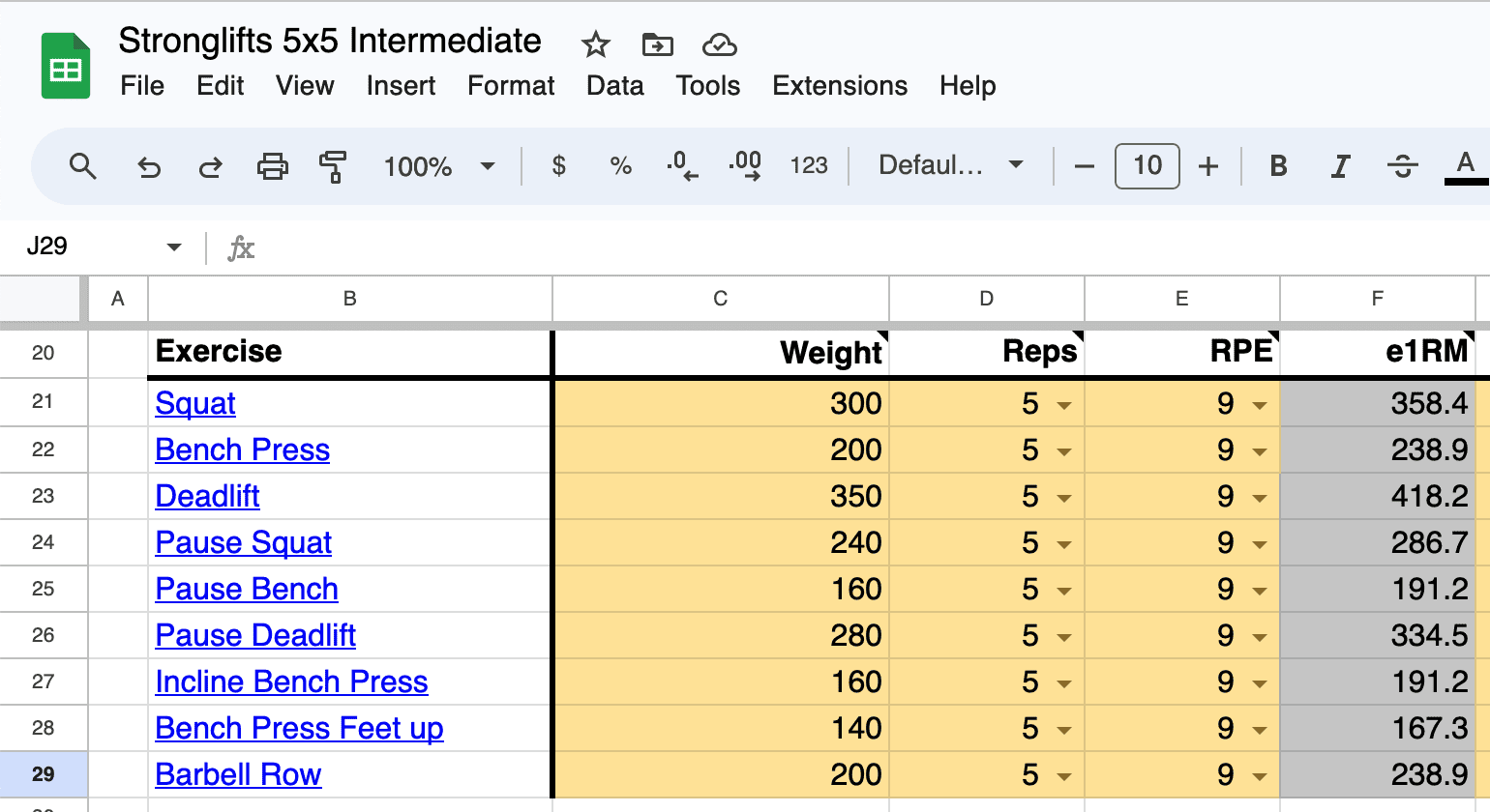 Stronglifts 5x5 Intermediate Spreadsheet: estimate one rep max