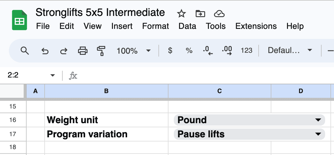 Stronglifts 5x5 Intermediate Spreadsheet: program variations