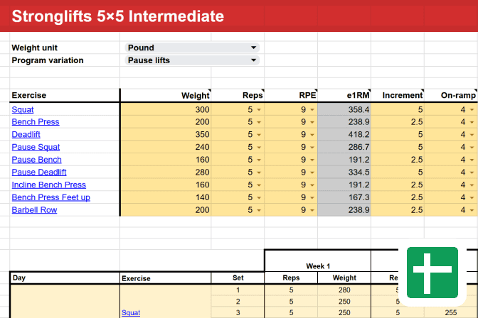 Stronglifts 5x5 Intermediate Spreadsheet