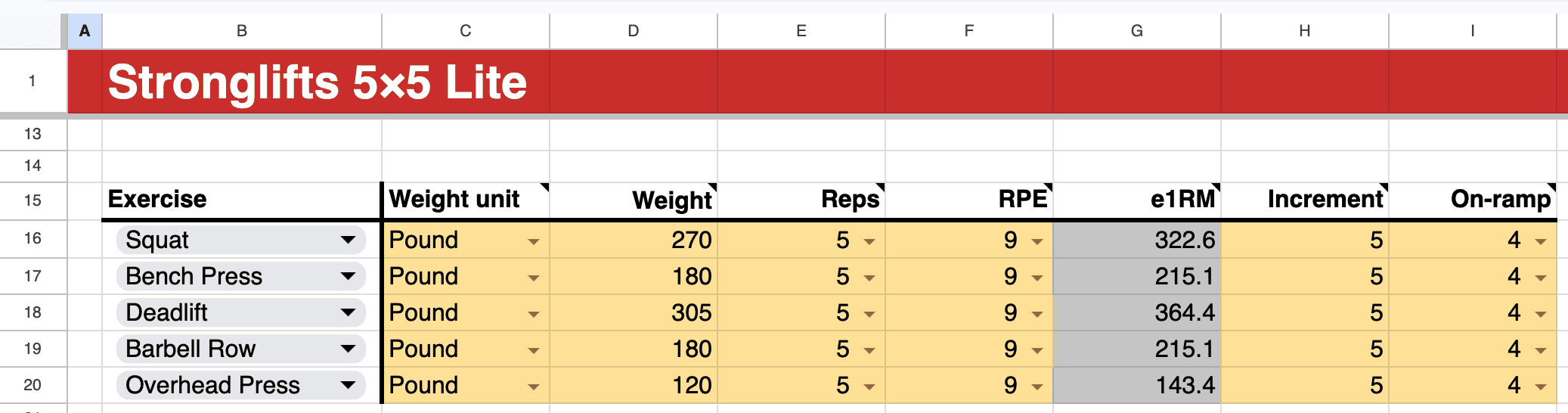 On-ramp settings Stronglifts 5x5 Lite spreadsheet