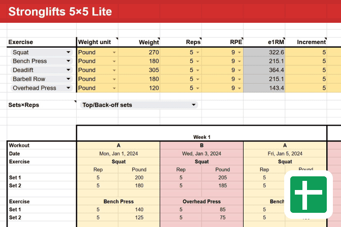 Stronglifts 5x5 Lite Spreadsheet