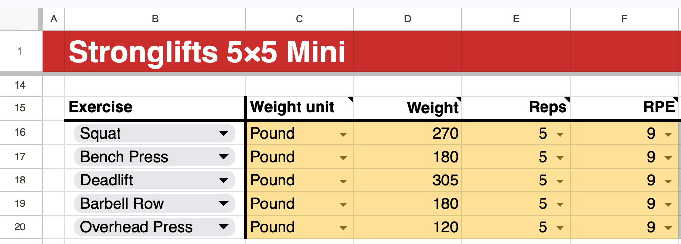 Enter your best lifts in the Stronglifts 5x5 Mini spreadsheet