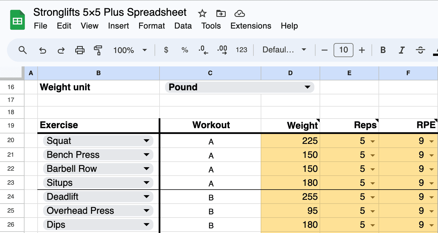 Enter your best lifts in the Stronglifts 5x5 Plus spreadsheet