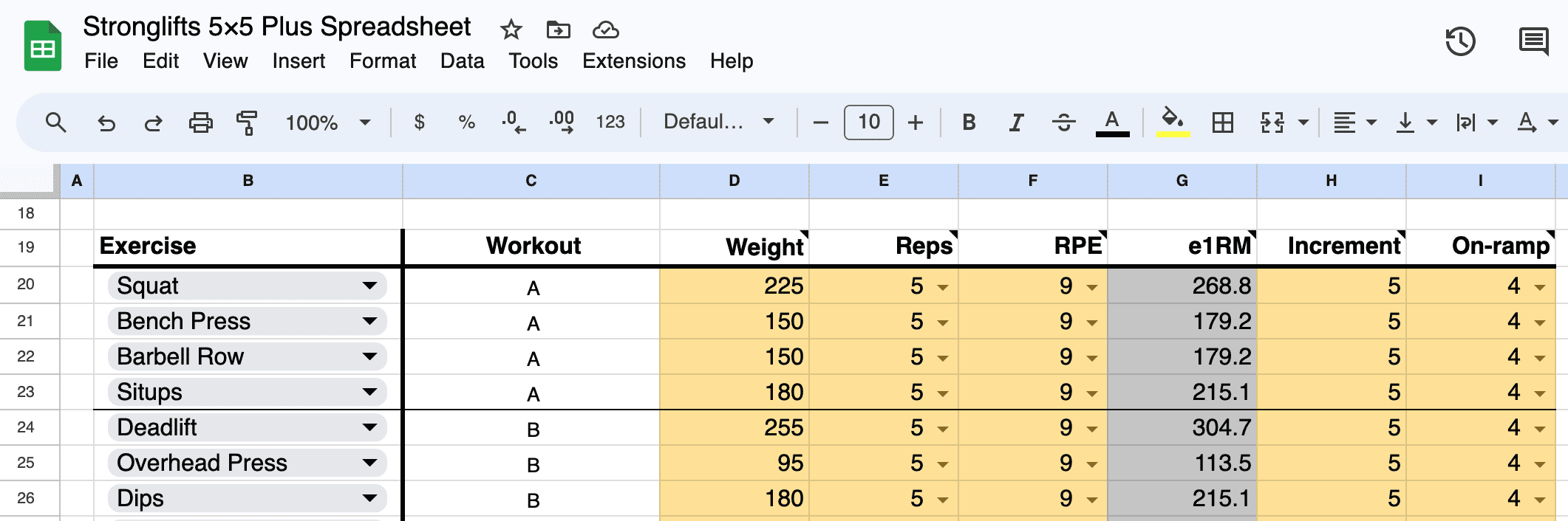 On-ramp settings Stronglifts 5x5 Plus spreadsheet