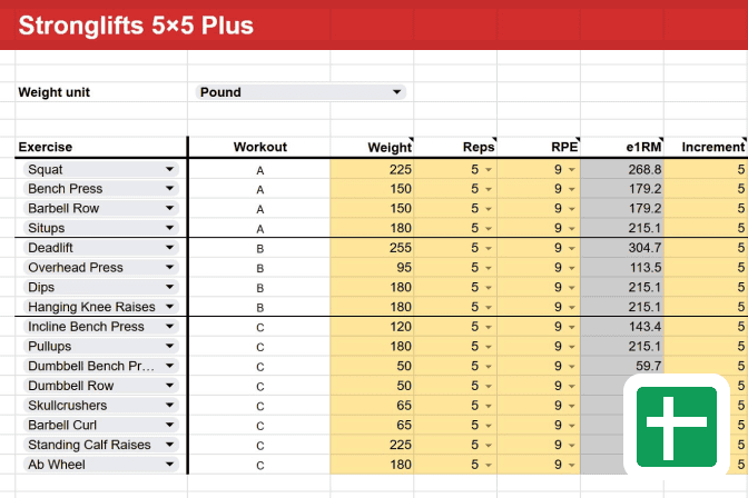 Stronglifts 5x5 Plus Spreadsheet
