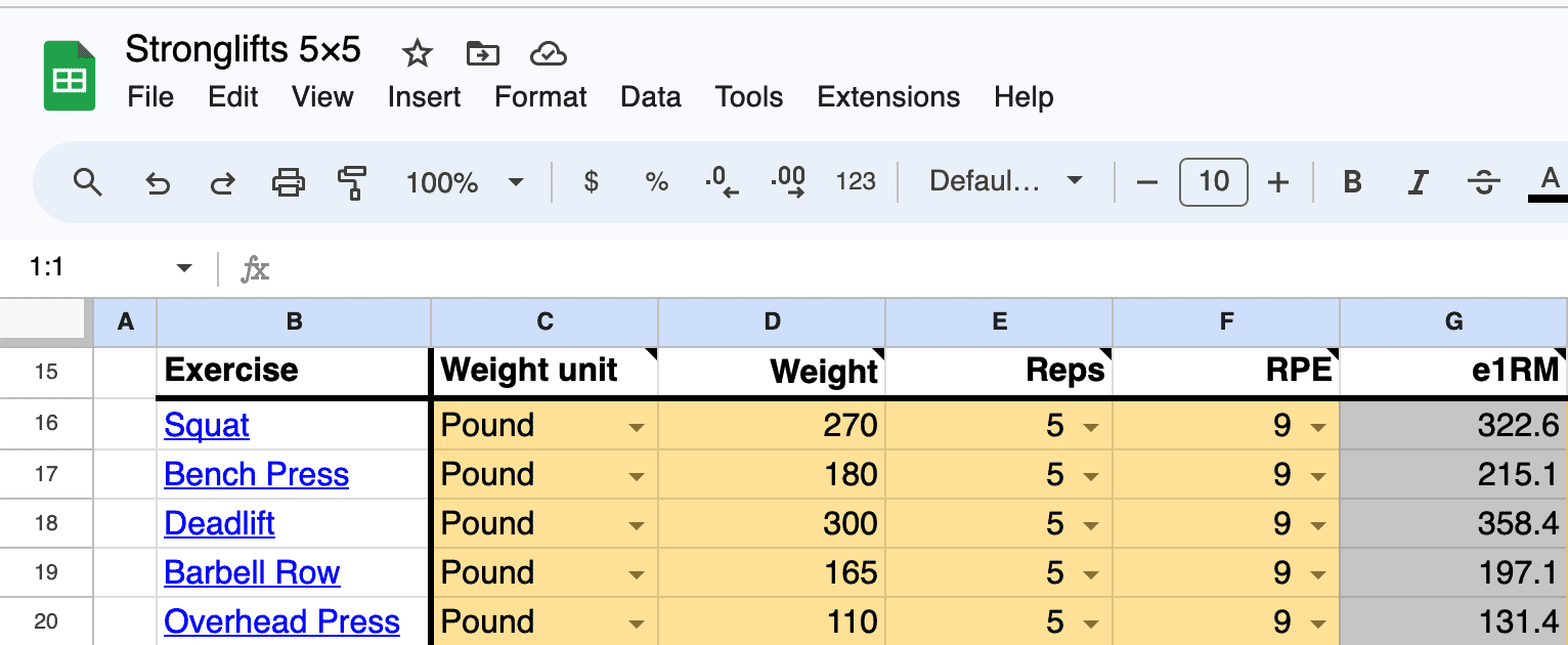Stronglifts 5x5 spreadsheet one rep max estimation