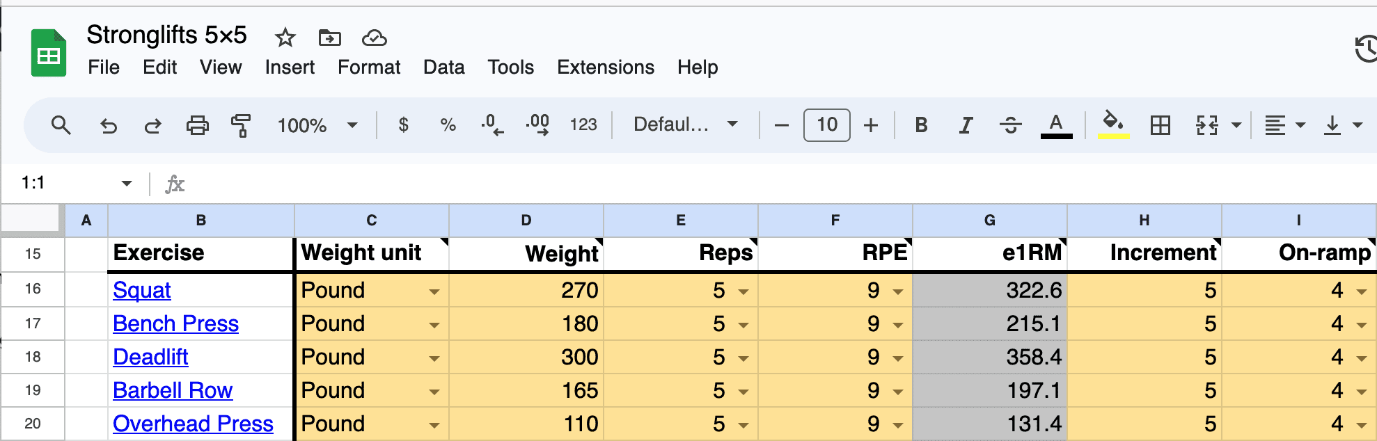 Stronglifts 5x5 spreadsheet on-ramp setting