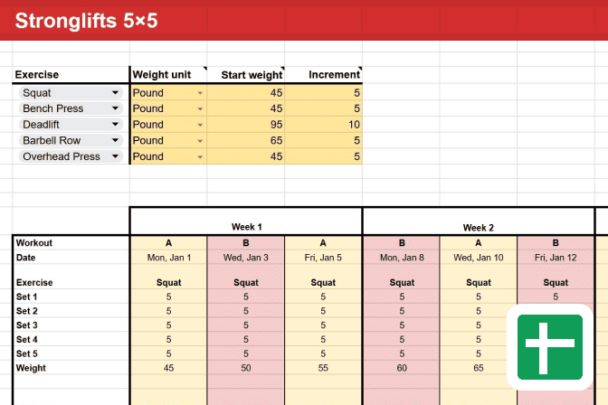 Stronglifts 5x5 Spreadsheet
