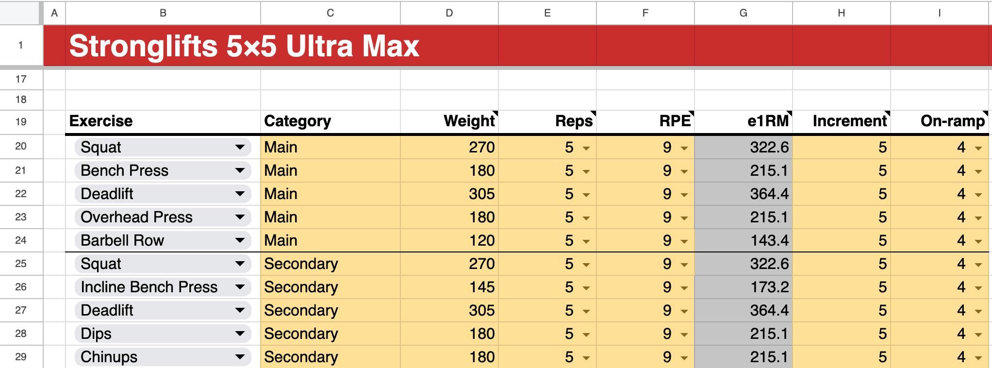 On-ramp settings Stronglifts 5x5 Ultra Max spreadsheet