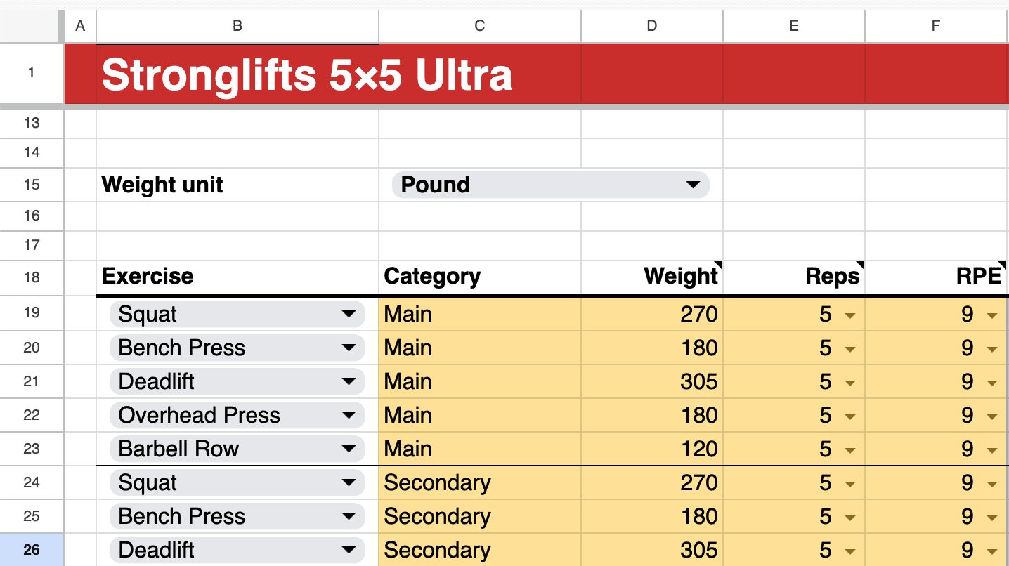 Stronglifts 5x5 Ultra Spreadsheet: enter best lifts