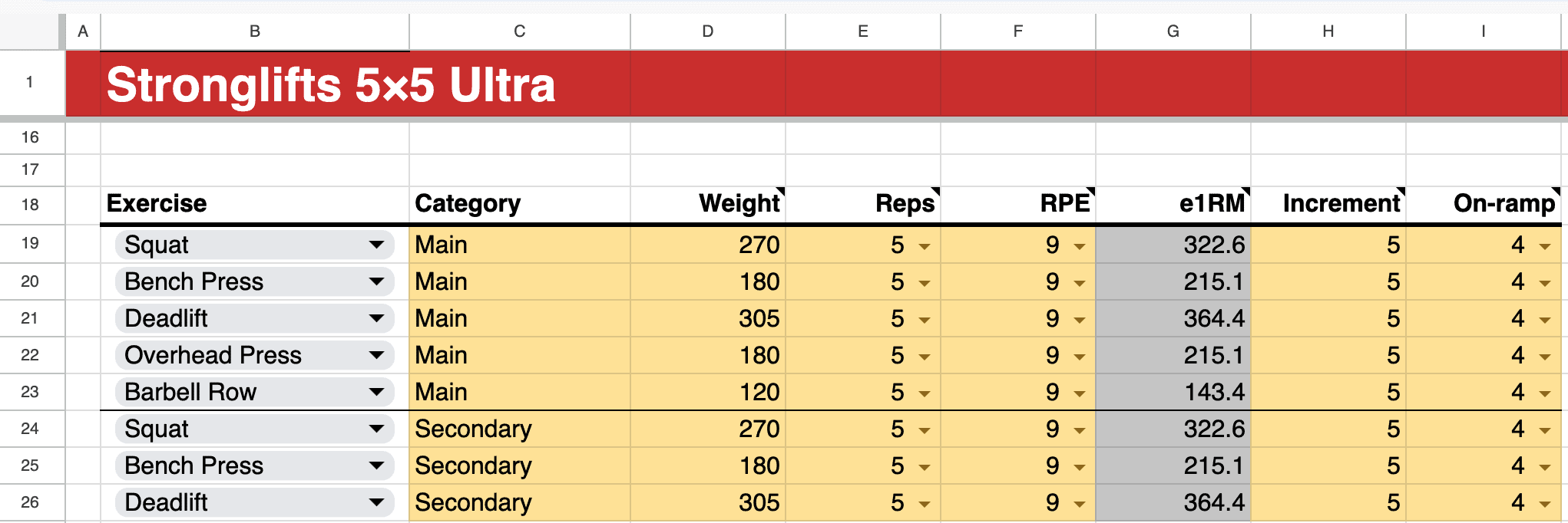 On-ramp settings Stronglifts 5x5 Ultra spreadsheet