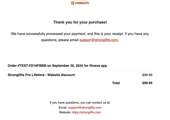 Stronglifts Pro Lifetime Receipt