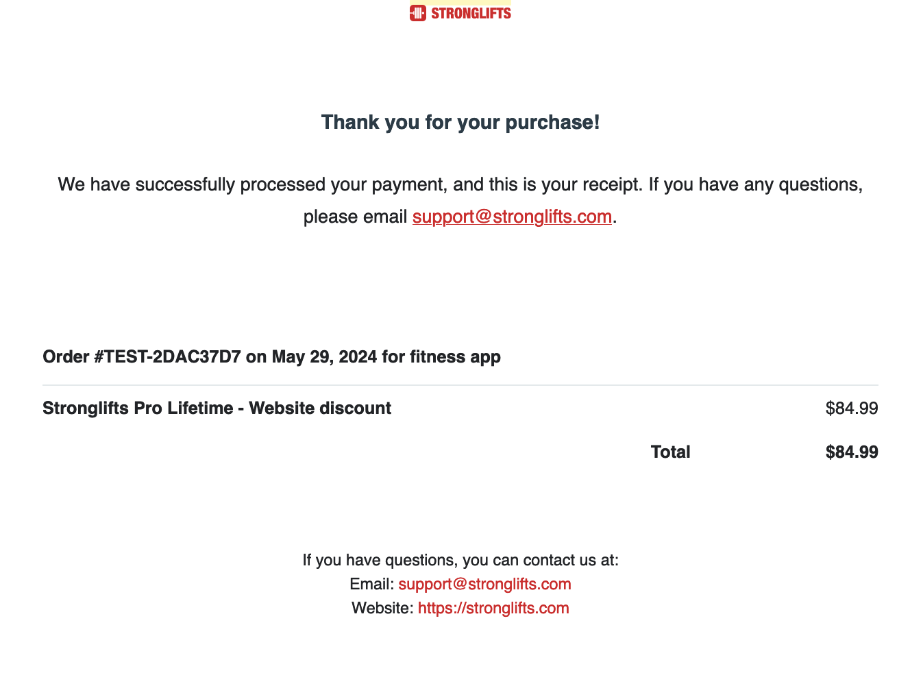 Stronglifts Pro Lifetime Receipt